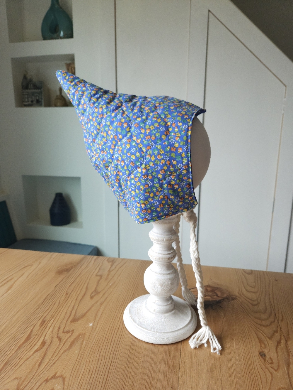 Quilted Upcycled Blue Mushroom Pixie Hat Bonnet Fully lined 6-12 months - Picture 10 of 12